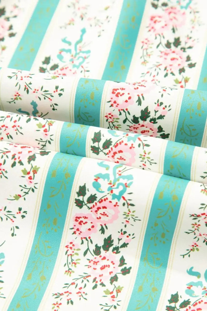 Striped Floral Print Tie Neck Puff Sleeve Midi Dress For Women - Love Salve